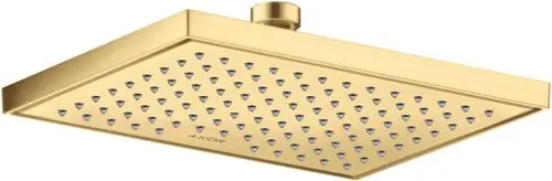 Duschkopf mit quadratischer Form und mehreren Düsen, in mattem Goldton. Die Marke AXOR ist im unteren Bereich des Duschkopfs sichtbar.
